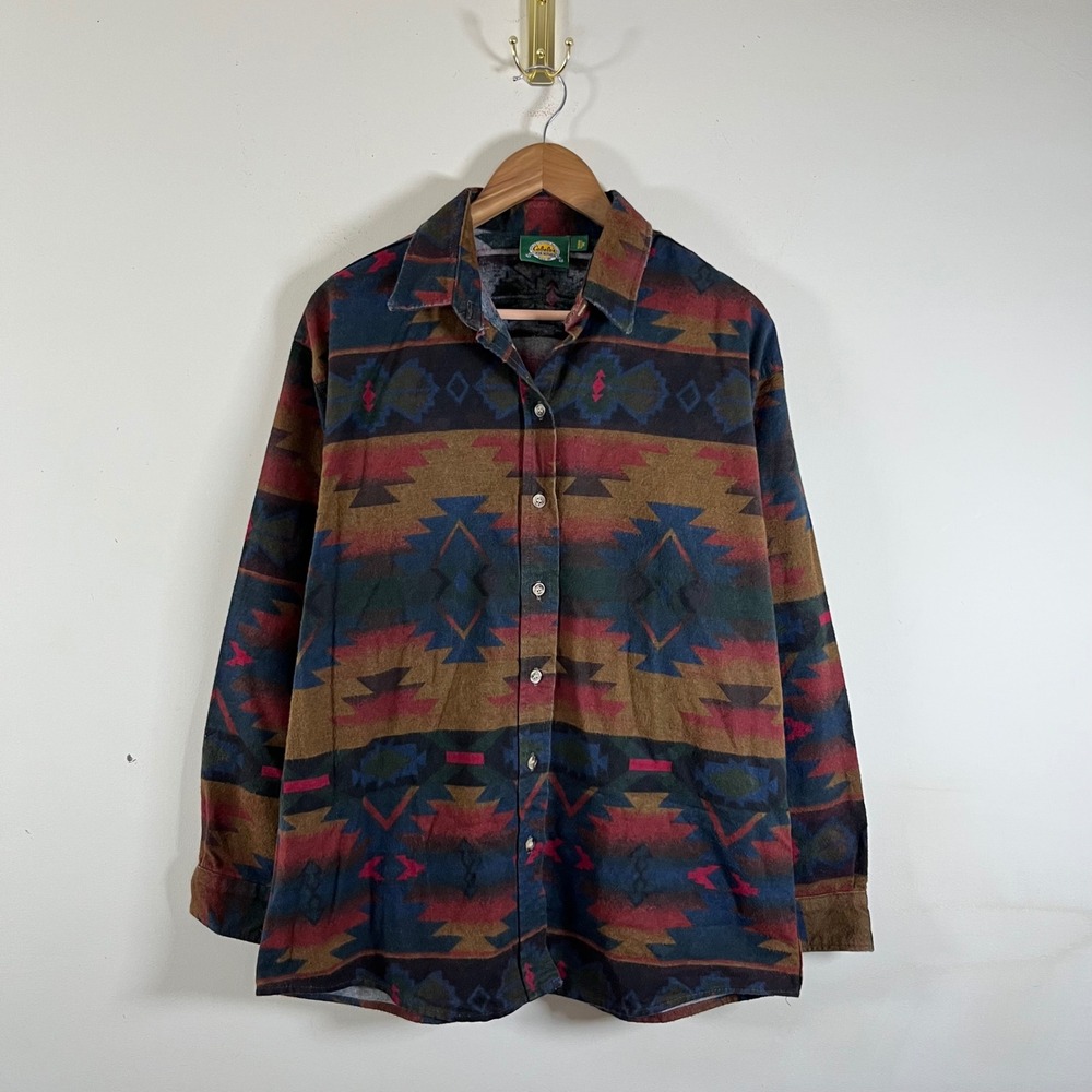 Vintage Cabelas Aztec Print Flannel Shirt Shacket Multicolor Western Retro XL